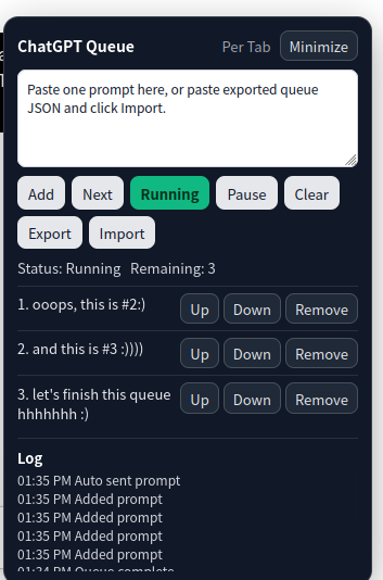 The per-tab ChatGPT queue panel