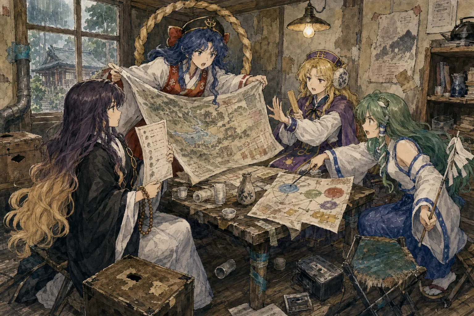 聖白蓮、八坂神奈子、豐聰耳神子與東風谷早苗在破舊會議室裡爭論祭典資源圖