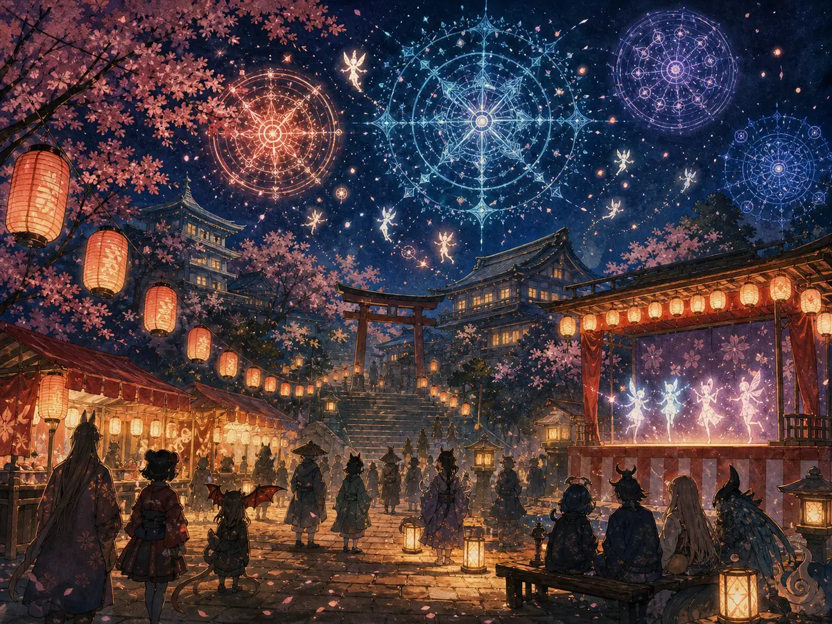 夜間校園燈會，學生在鳥居與櫻花下欣賞符卡形狀的煙火